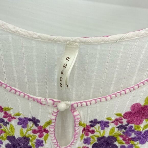 Roper Womens Blouse Top Embroidered 100% Cotton White Purple Medium - Picture 11 of 13